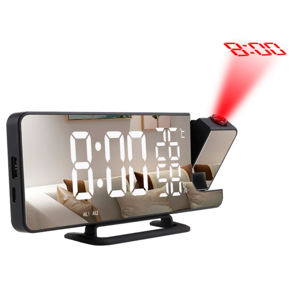 TS-9210 Mirror Surface Adjustable Brightness LED Digital Clock Time Projection FM Radio Temperature Humidity Display Alarm Clock with USB Output Function