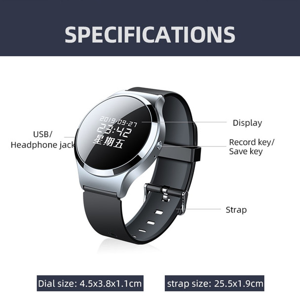 S8 32GB Voice Recorder Bracelet Digital Audio MP3 Playback Voice Activated Recorder for Lectures Meetings Interviews Classes