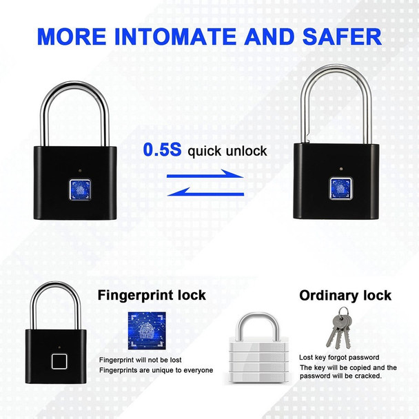 Smart Fingerprint Padlock Small Size Padlock Cabinet Fingerprint Lock Mini Fingerprint Lock - Black