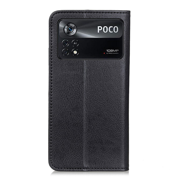 For Xiaomi Poco X4 Pro 5G Litchi Texture Split Leather Case Magnetic Absorption Stand Wallet Flip Folio Shockproof Cover - Black