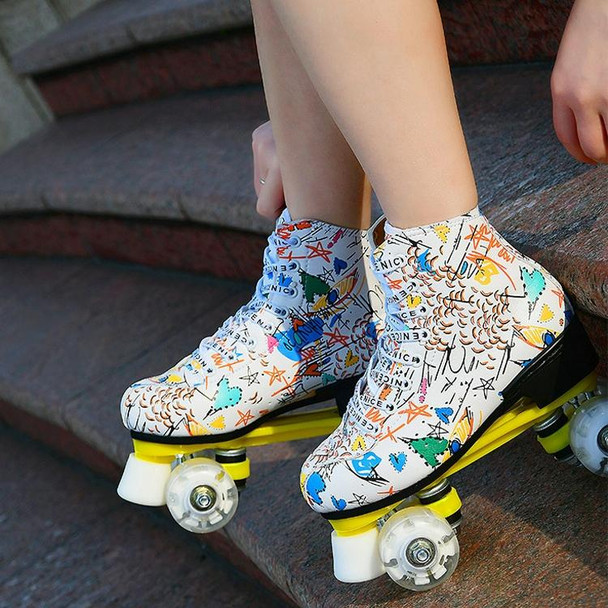 Adult Children Graffiti Roller Skates Shoes Double Row Four-Wheel Roller Skates Shoes, Size: 39(Flash Wheel White)
