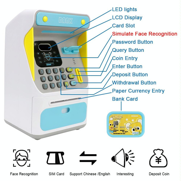 8010 Simulated Face Recognition ATM Machine Piggy Bank Password Automatic Rolling Money Safe Piggy Bank,Style: Rechargeable Version Blue