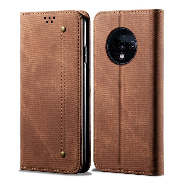For OnePlus 7T Denim Texture Casual Style Horizontal Flip Leatherette Case with Holder & Card Slots & Wallet(Brown)