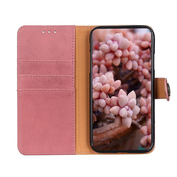 For Samsung Galaxy A21s KHAZNEH Cowhide Texture Horizontal Flip Leatherette Case with Holder & Card Slots & Wallet(Pink)