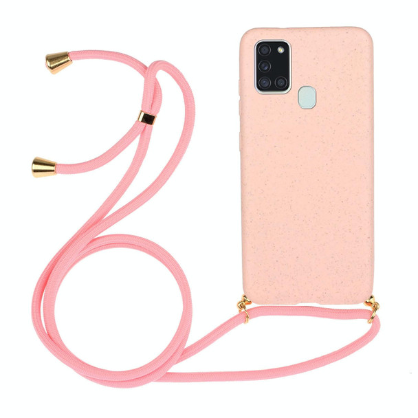 For Samsung Galaxy A21s Wheat Straw Material + TPU Protective Case with Lanyard(Pink)
