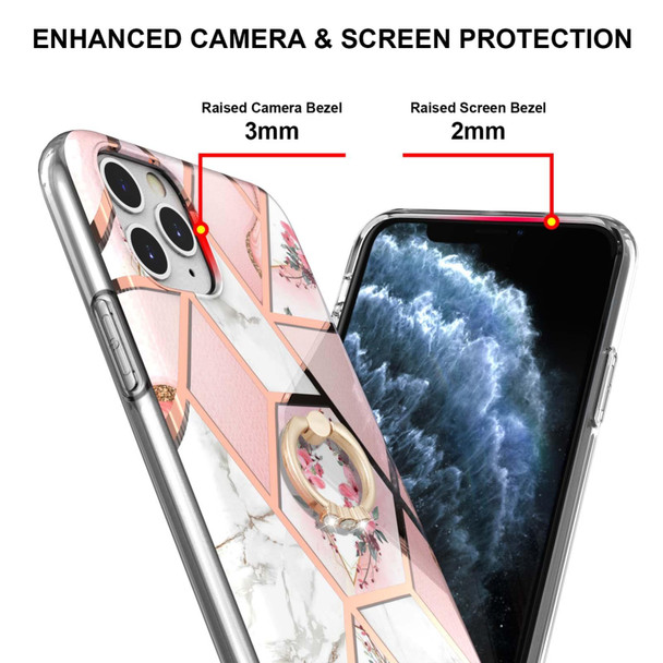For iPhone 11 Pro Electroplating Splicing Marble Flower Pattern TPU Shockproof Case with Rhinestone Ring Holder (Pink Flower)