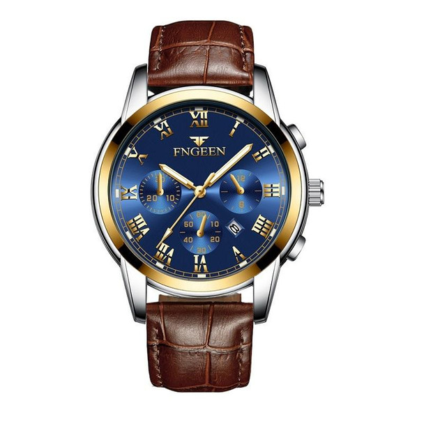 FNGEEN 4006 Men Trendy Waterproof Quartz Watch(Brown Leatherette Gold Blue Surface)