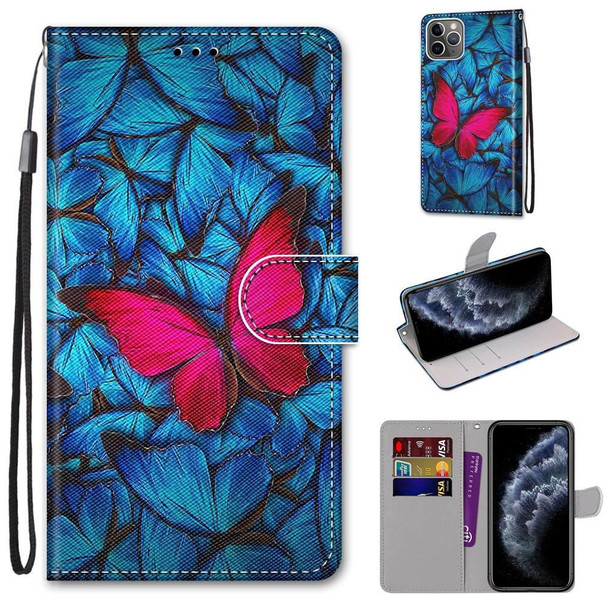 For iPhone 11 Pro Coloured Drawing Cross Texture Horizontal Flip PU Leatherette Case with Holder & Card Slots & Wallet & Lanyard (Blue Red Butterfly)