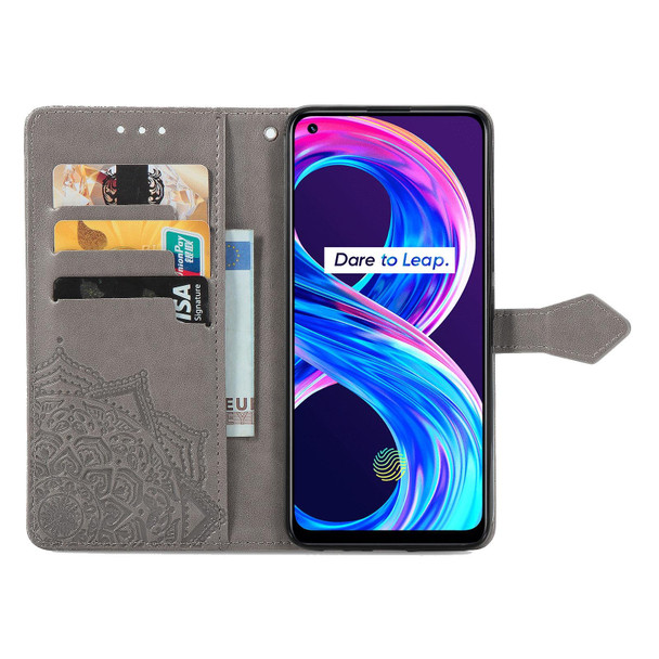 For OPPO Realme 8 5G / Realme V13 5G Mandala Embossing Pattern Horizontal Flip Leatherette Case with Holder & Card Slots & Wallet & Lanyard(Gray)
