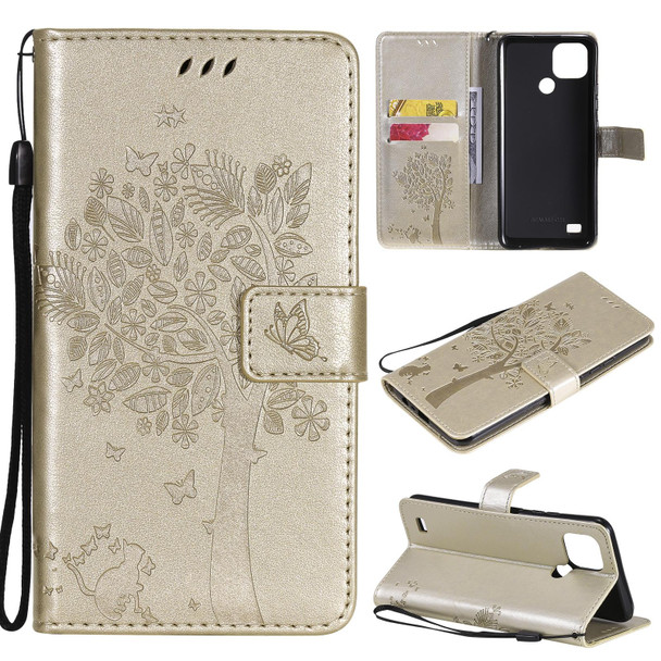 For OPPO Realme C21 / C20 Tree & Cat Pattern Pressed Printing Horizontal Flip PU Leatherette Case with Holder & Card Slots & Wallet & Lanyard(Gold)