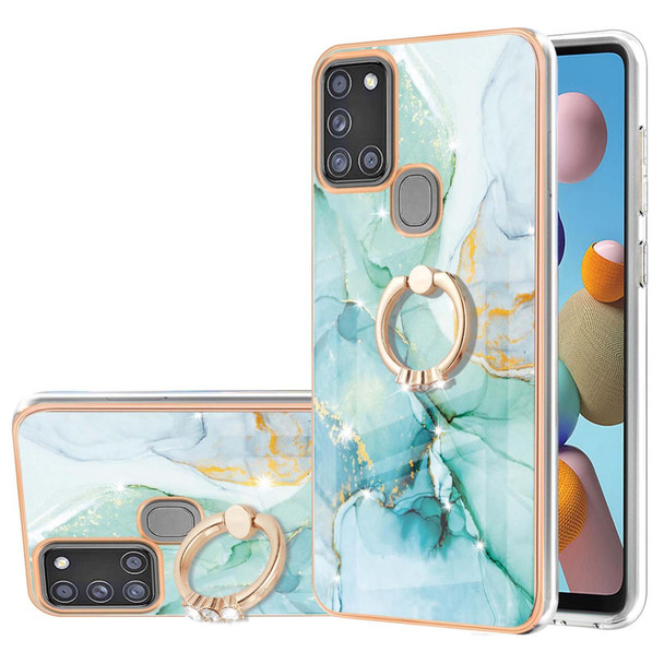 For Samsung Galaxy A21s Electroplating Marble Pattern IMD TPU Shockproof Case with Ring Holder(Green 003)