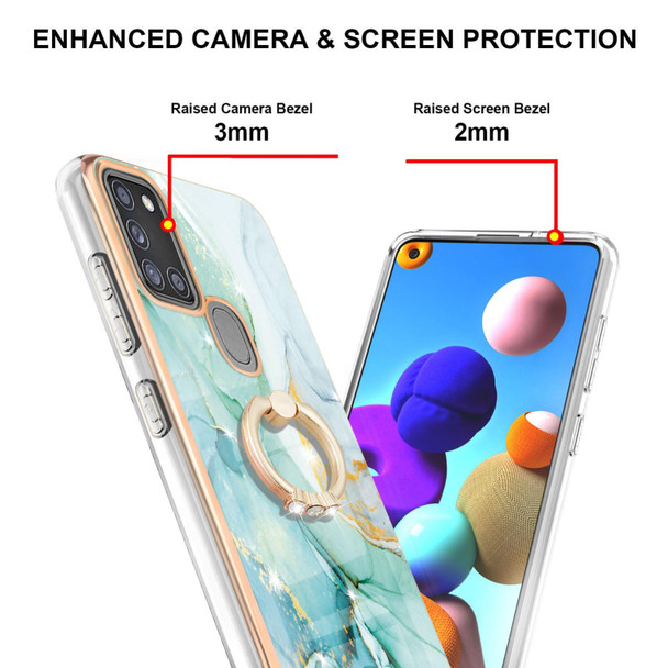 For Samsung Galaxy A21s Electroplating Marble Pattern IMD TPU Shockproof Case with Ring Holder(Green 003)