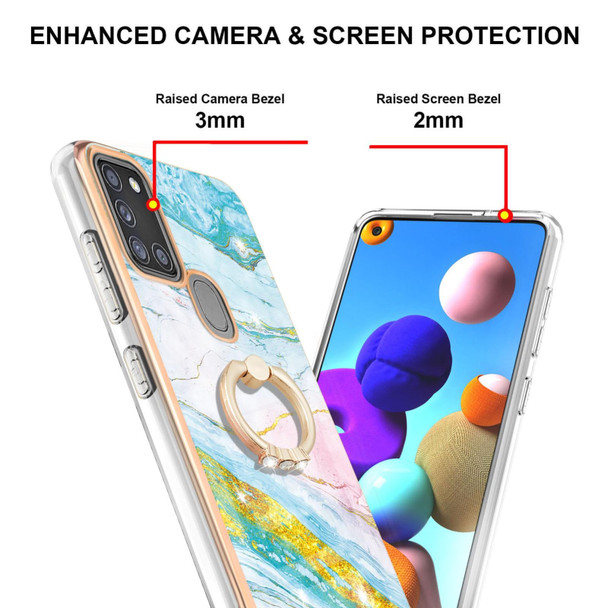 For Samsung Galaxy A21s Electroplating Marble Pattern IMD TPU Shockproof Case with Ring Holder(Green 004)