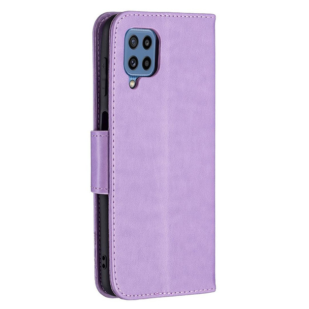 For Samsung Galaxy M32 Embossing Two Butterflies Pattern Horizontal Flip PU Leatherette Case with Holder & Card Slot & Wallet & Lanyard(Purple)