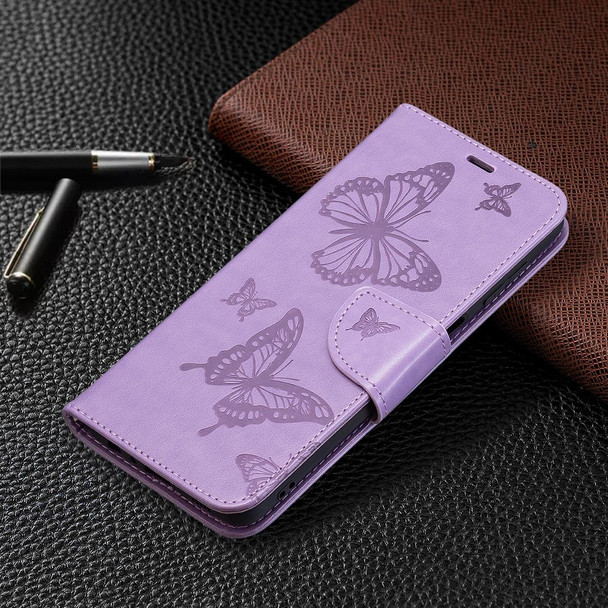 For Samsung Galaxy M32 Embossing Two Butterflies Pattern Horizontal Flip PU Leatherette Case with Holder & Card Slot & Wallet & Lanyard(Purple)