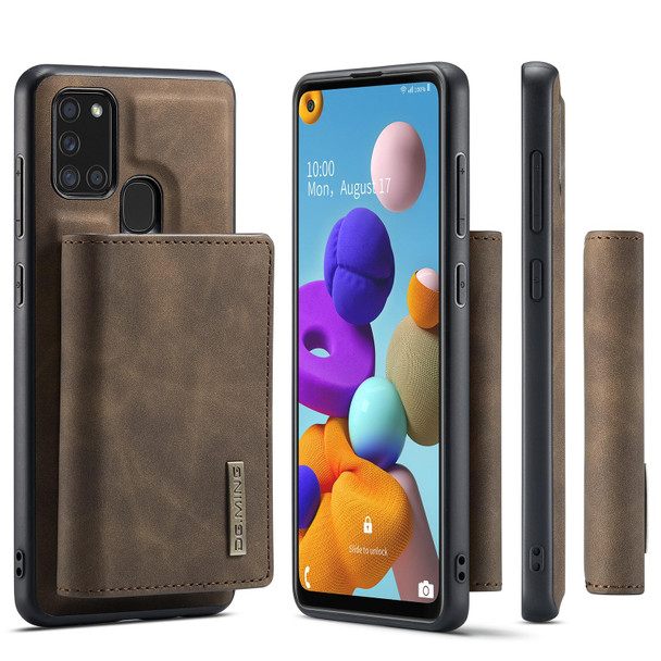 For Samsung Galaxy A21s DG.MING M1 Series 3-Fold Multi Card Wallet + Magnetic Back Cover Shockproof Case with Holder Function(Coffee)
