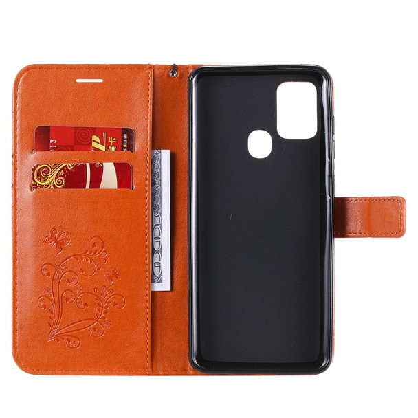 For Samsung Galaxy A21s 3D Butterflies Embossing Pattern Horizontal Flip Leatherette Case with Holder & Card Slot & Wallet(Orange)