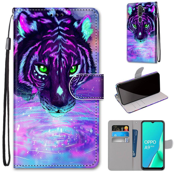 For OPPO A9 (2020) / A5 (2020) / A11X / A11 Coloured Drawing Cross Texture Horizontal Flip PU Leatherette Case with Holder & Card Slots & Wallet & Lanyard(Tiger Drinking Water)