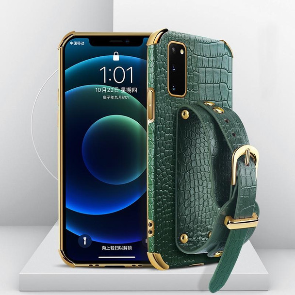 Electroplated TPU Crocodile Pattern Leatherette Case with Wrist Strap For Samsung Galaxy S20(Green)