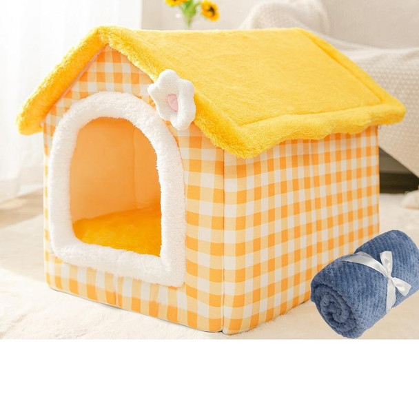 House Type Universal Removable and Washable Pet Dog Cat Bed Pet Supplies, Size:S(Yellow Flower + Blanket)