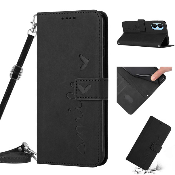For Tecno Camon 19 Neo Skin Feel Heart Pattern Leatherette Phone Case with Lanyard(Black)