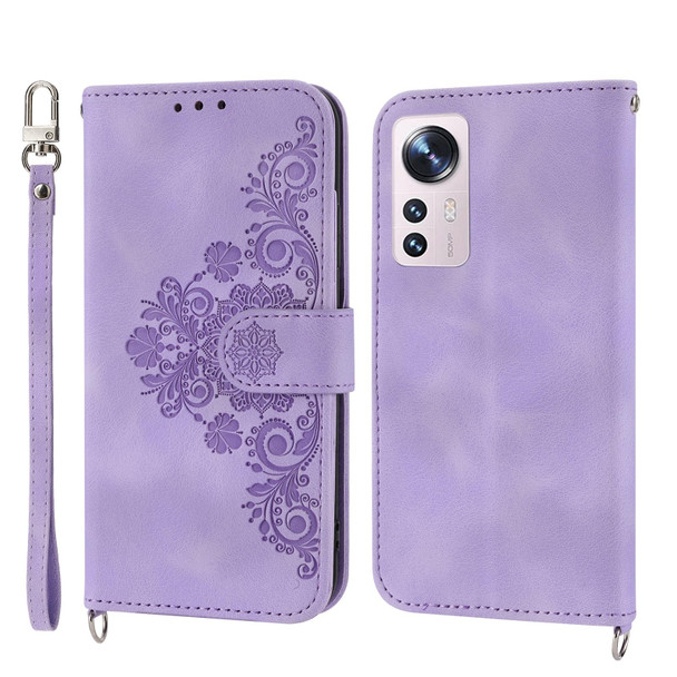 For Xiaomi 12 / 12X Skin-feel Flowers Embossed Wallet Leather Phone Case(Purple)