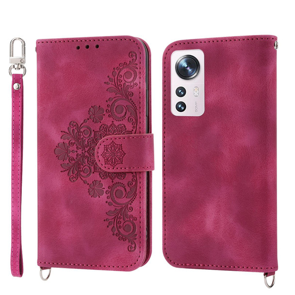 For Xiaomi 12 / 12X Skin-feel Flowers Embossed Wallet Leather Phone Case(Wine Red)