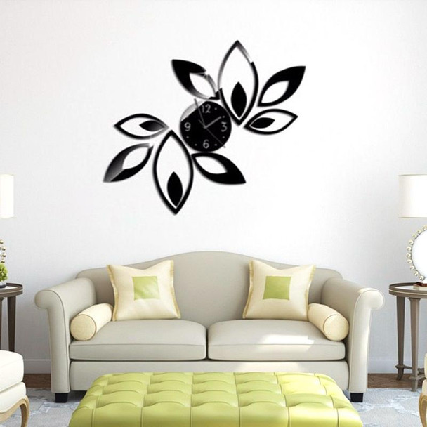 Flower Art Modern Design DIY Removable 3D Crystal Mirror Wall Clock Wall Sticker Living Room Bedroom Decor(Black)