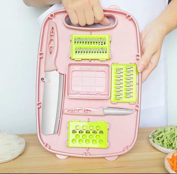 9 in 1 Folding Cutting Board Plastic Multi Function Household Cutting Board Kitchen Antibacterial Mildew Cutting Board Cutting Knife Set(Hollow Pink)