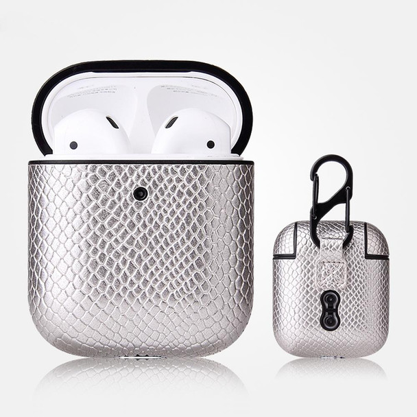 For AirPods 1 & 2 Anti-fall Snakeskin Texture PU Leatherette Protective Case with Carabiner(Silver)