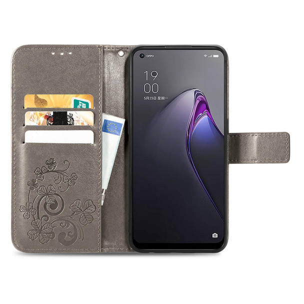 For OPPO Reno8 4G Four-leaf Clasp Embossed Buckle Leatherette Phone Case(Gray)