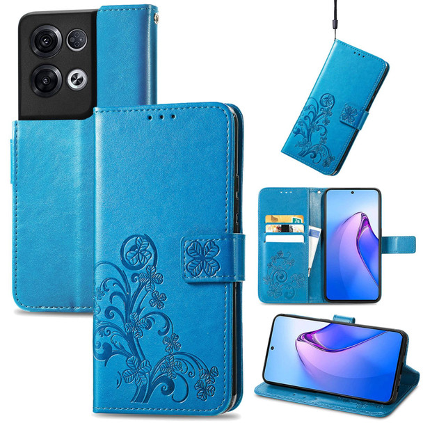 For OPPO Reno8 Pro Overseas Edition Four-leaf Clasp Embossed Buckle Leatherette Phone Case(Blue)