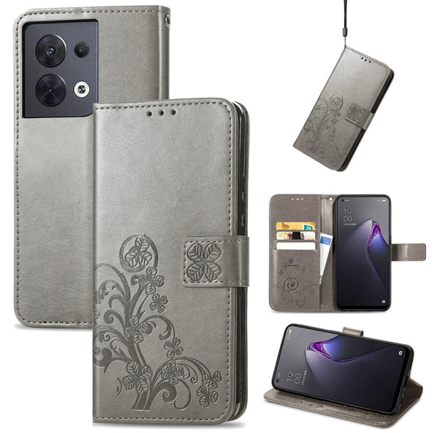 For OPPO Reno8 5G Four-leaf Clasp Embossed Buckle Leatherette Phone Case(Gray)