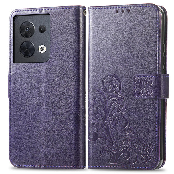 For OPPO Reno8 4G Four-leaf Clasp Embossed Buckle Leatherette Phone Case(Purple)