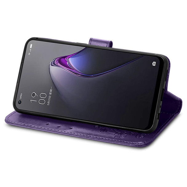 For OPPO Reno8 5G Four-leaf Clasp Embossed Buckle Leatherette Phone Case(Purple)