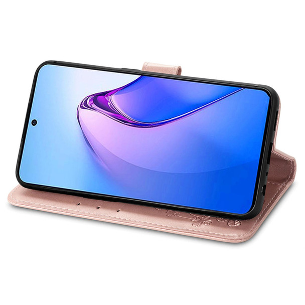 For OPPO Reno8 Pro Overseas Edition Four-leaf Clasp Embossed Buckle Leatherette Phone Case(Rose Gold)