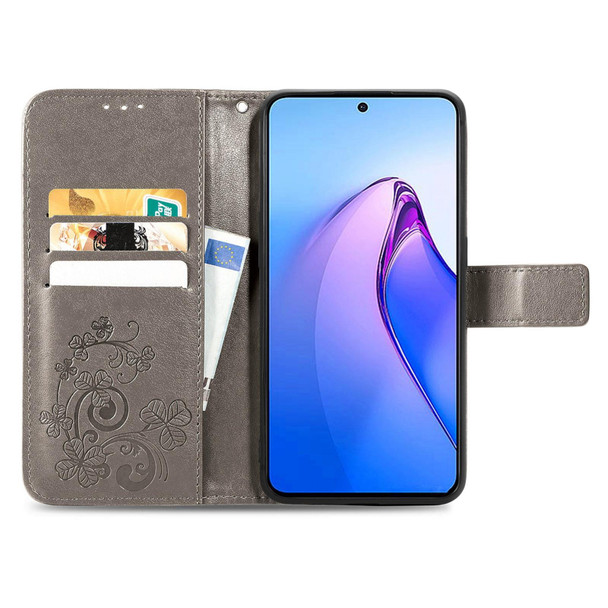 For OPPO Reno8 Pro Overseas Edition Four-leaf Clasp Embossed Buckle Leatherette Phone Case(Gray)