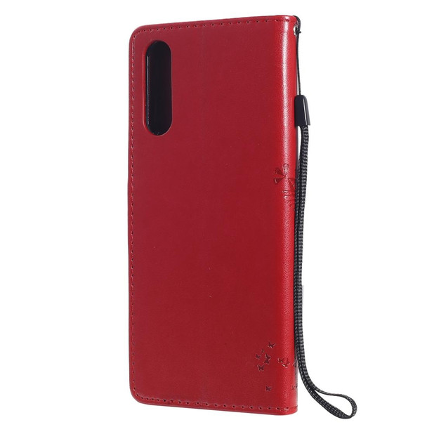 Sony Xperia 10 II Tree & Cat Embossed Pattern Horizontal Flip Leather Case with Holder & Card Slots & Wallet & Lanyard(Red)