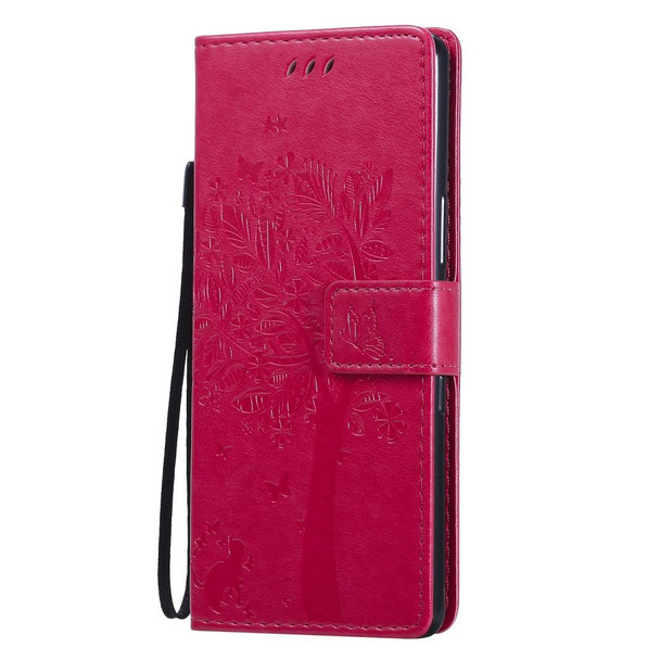 Sony Xperia L4 Tree & Cat Embossed Pattern Horizontal Flip Leather Case with Holder & Card Slots & Wallet & Lanyard(Rose Red)