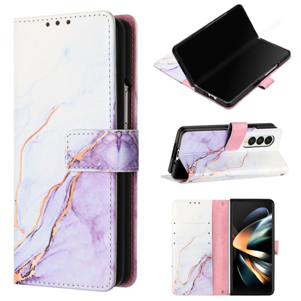 For Samsung Galaxy Z Fold4 PT003 Marble Pattern Flip Leatherette Phone Case(White Purple LS006)