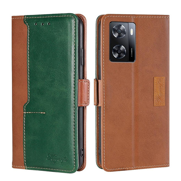 For OPPO A57s 4G / A57e 4G Contrast Color Side Buckle Leatherette Phone Case(Light Brown+Green)