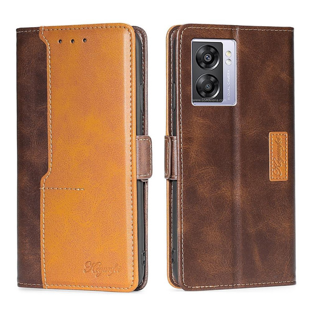 For OPPO K10 5G Global Contrast Color Side Buckle Leatherette Phone Case(Dark Brown+Gold)