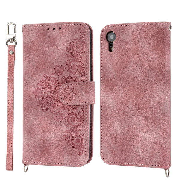 For iPhone XR Skin-feel Flowers Embossed Wallet Leatherette Phone Case(Pink)