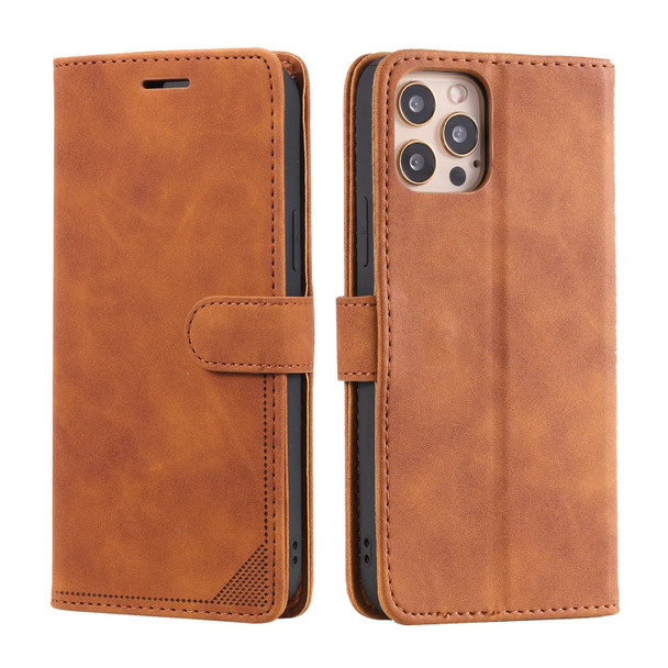 For iPhone 14 Pro Skin Feel Anti-theft Brush Horizontal Flip Leatherette Phone Case(Brown)