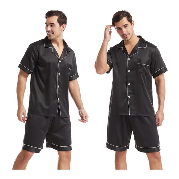 Summer Men Lapel Solid Color Short Pajamas Set, Size:L(Black)