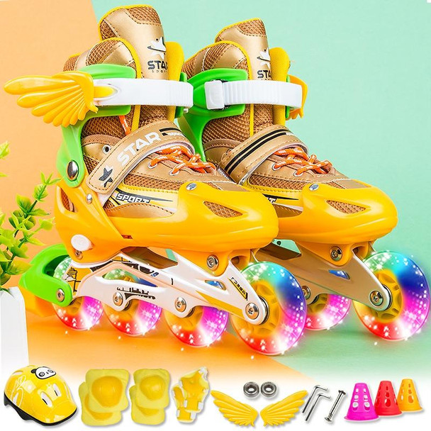 Adjustable Children Full Flash Single Four-wheel Roller Skates Skating Shoes Set, Size : S (Gold)