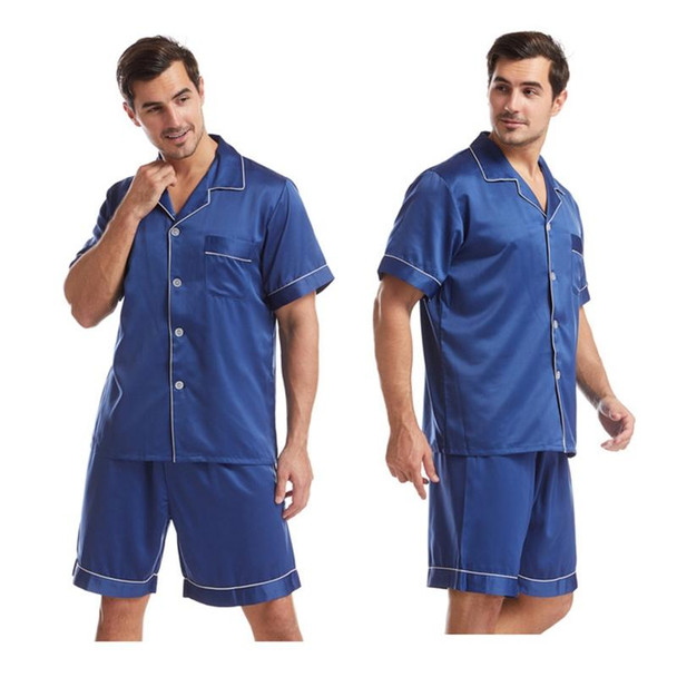 Summer Men Lapel Solid Color Short Pajamas Set, Size:XL(Dark Blue)