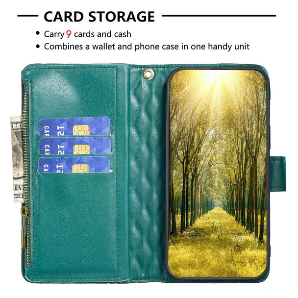 For Samsung Galaxy S23 Ultra 5G Diamond Lattice Zipper Wallet Leatherette Flip Phone Case(Green)