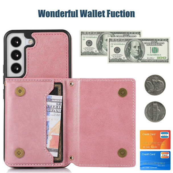 For Samsung Galaxy S21 Three-fold RFID Leatherette Phone Case with Lanyard(Rose Gold)