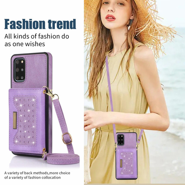 For Samsung Galaxy S20 FE Three-fold RFID Leatherette Phone Case with Lanyard(Purple)